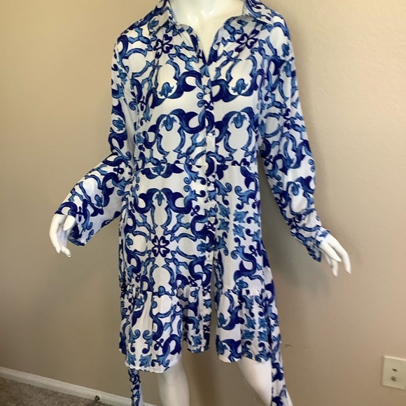 Blue and White Patterned Women's Shirt Dress - Picture 3 of 7